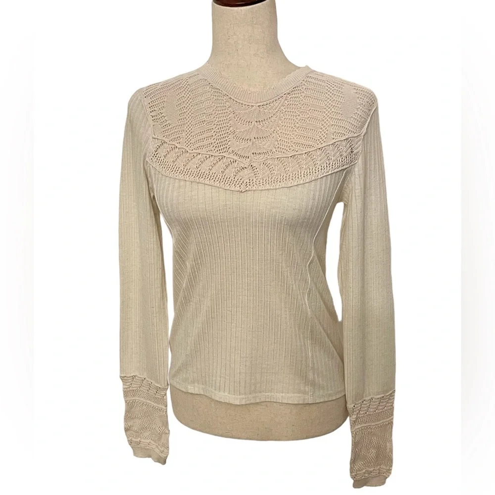 Free People REVOLVE Colette Scallop Neck Knit Trim Neutral Top